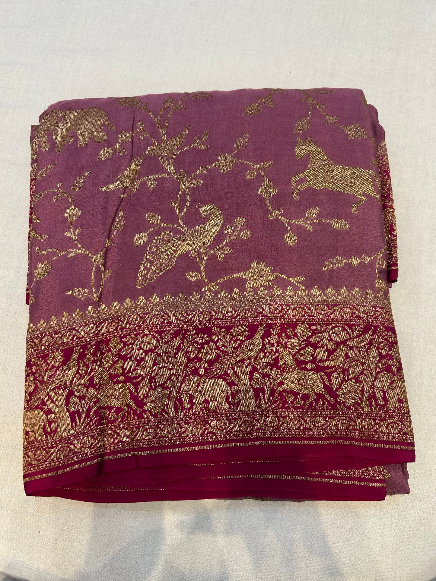 Mauve pink with hot pink pure crepe Banarasi saree