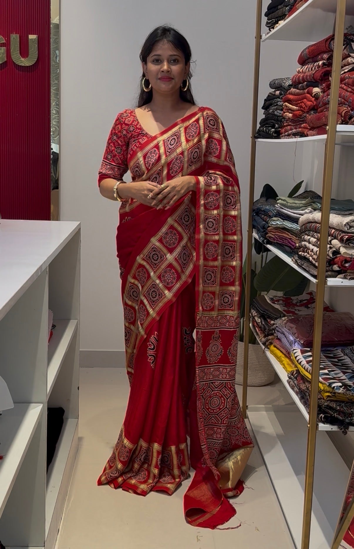 Red checked modal silk saree