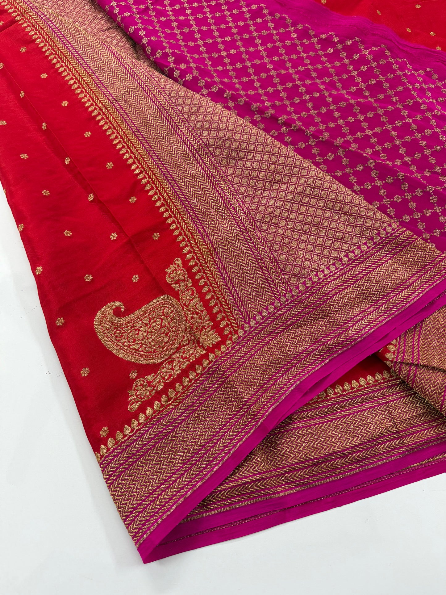 Red with pink pure crepe Banarasi saree