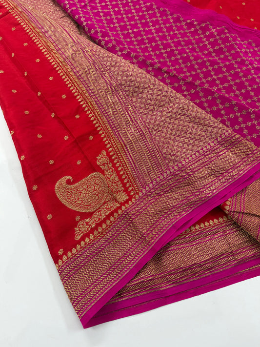 Red with pink pure crepe Banarasi saree