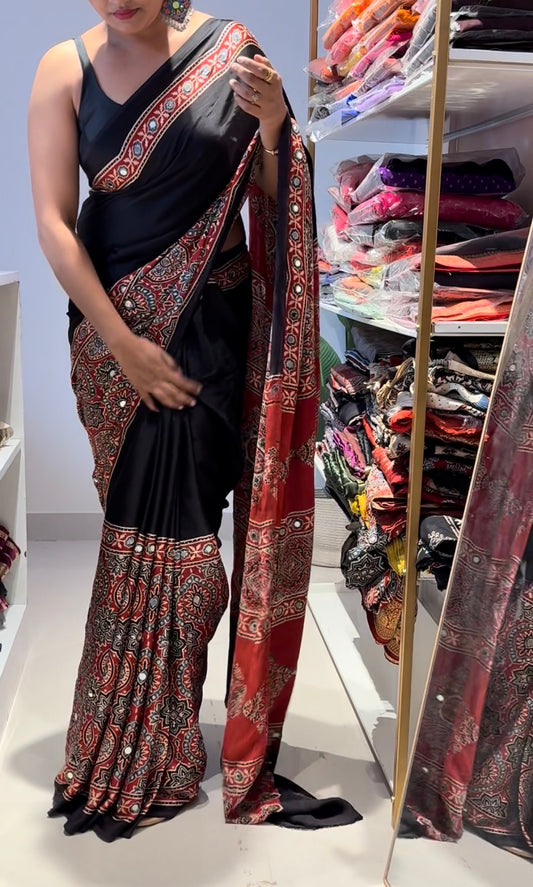 Real mirror glued black and red Ajrakh pure Modal Silk saree