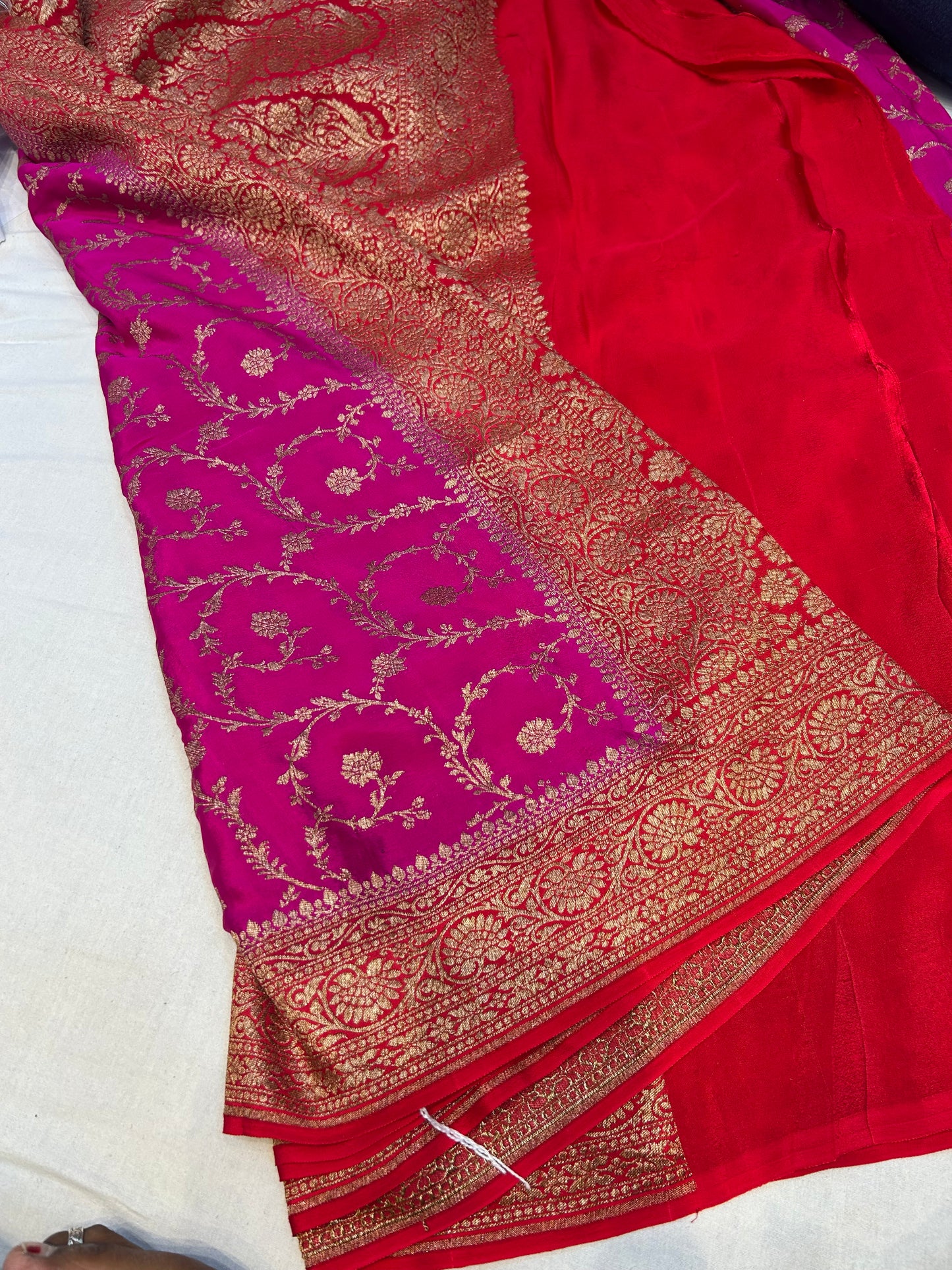 Pink with red pure crepe Banarasi saree