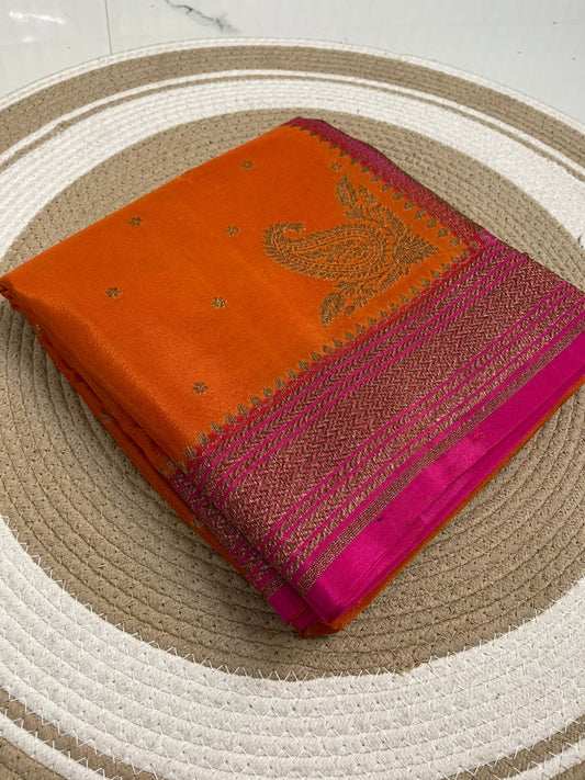 Orange with pink Pure Crepe chiffon banarasi saree