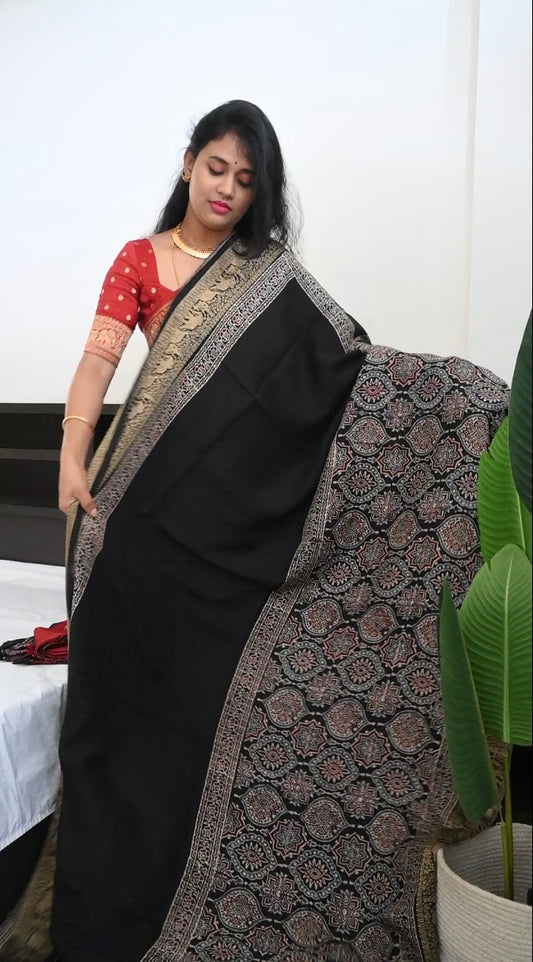 Ajrakh Dola Silk Saree in half an half