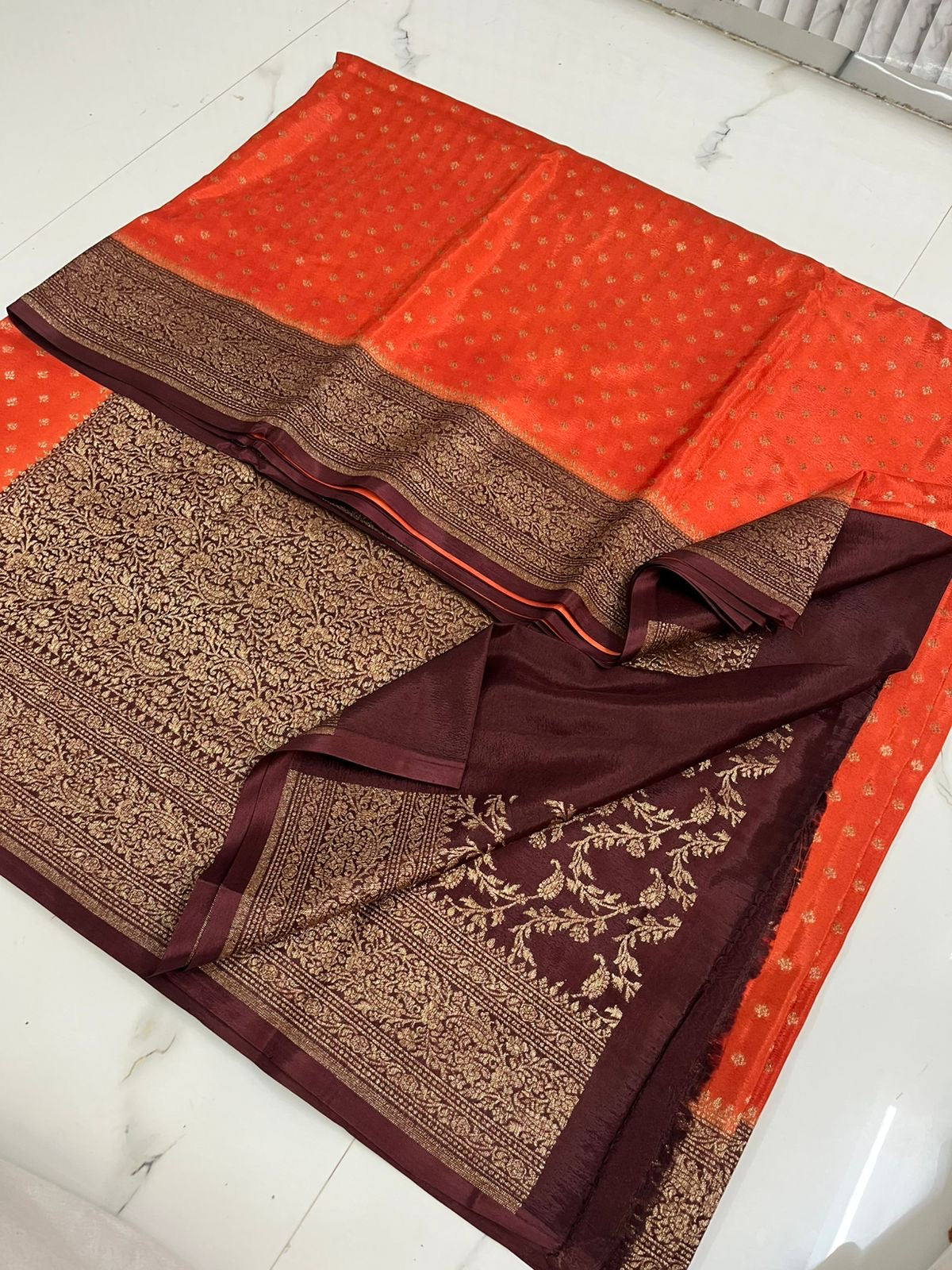 Rust orange with Brown Pure Crepe chiffon banarasi saree