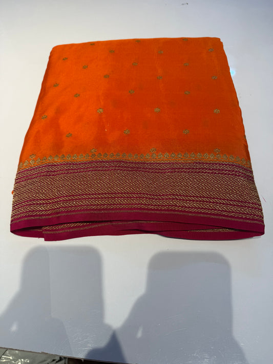 Orange with pink  blue pure crepe Banarasi saree