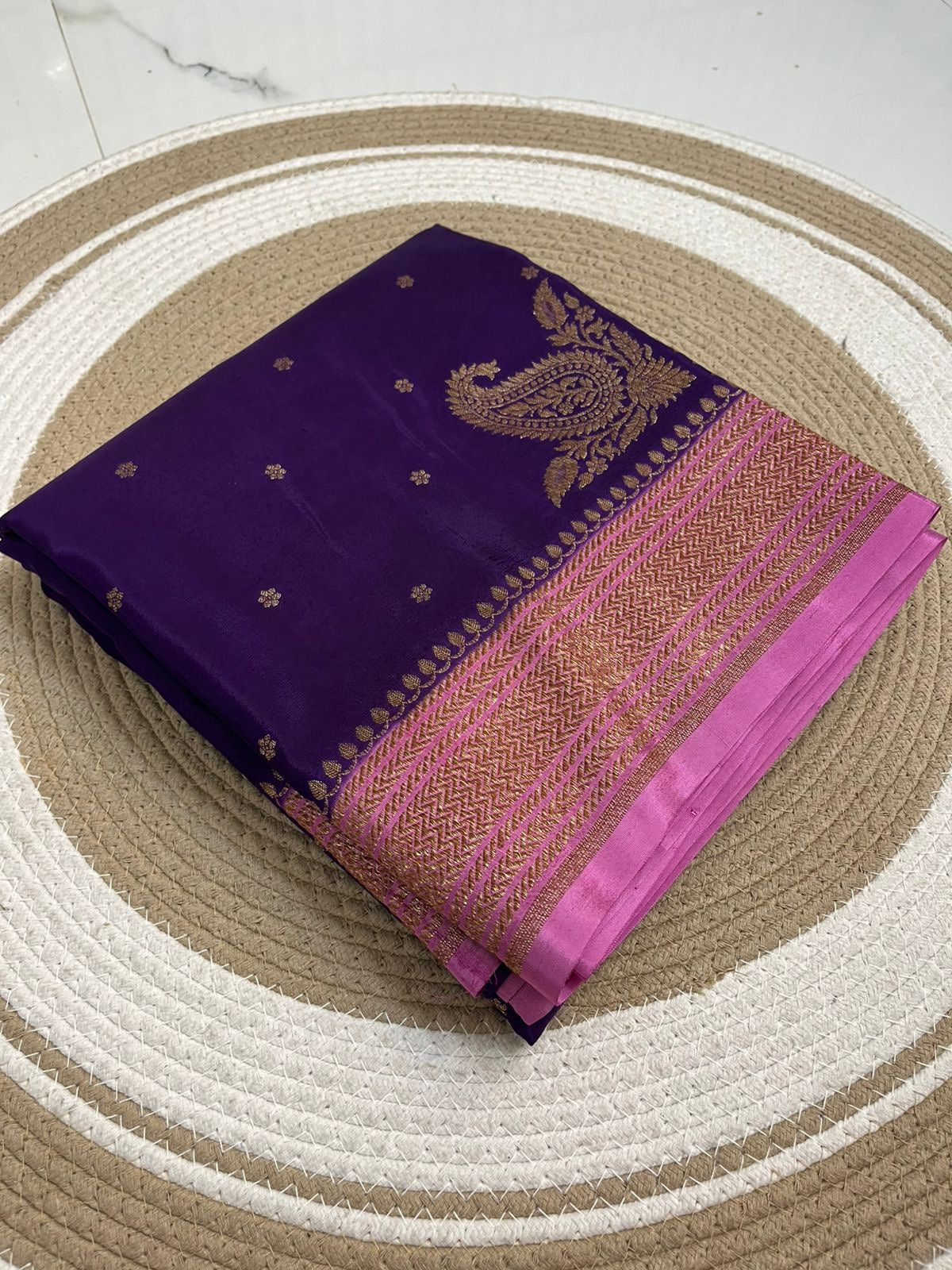 Purple With Baby Pink Pure Crepe chiffon banarasi saree with konia design with konia design
