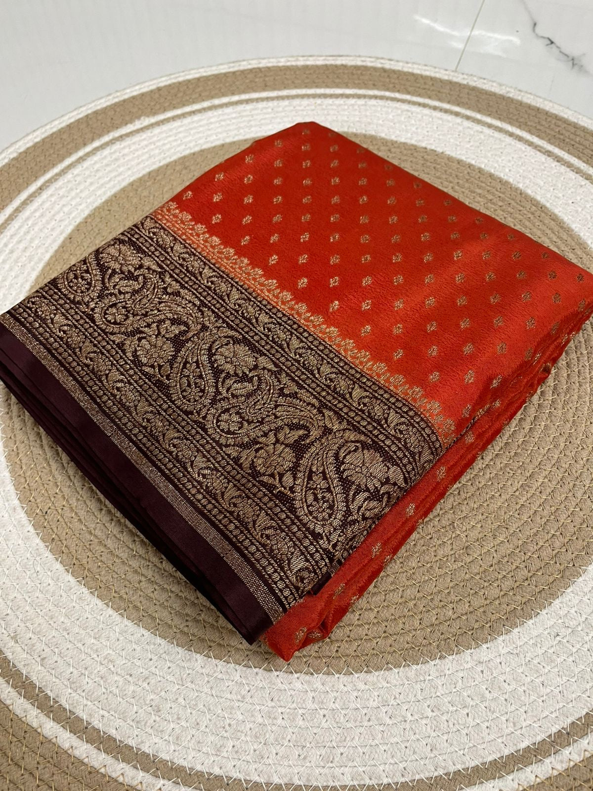 Rust orange with Brown Pure Crepe chiffon banarasi saree