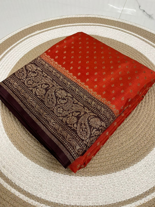 Rust orange with Brown Pure Crepe chiffon banarasi saree