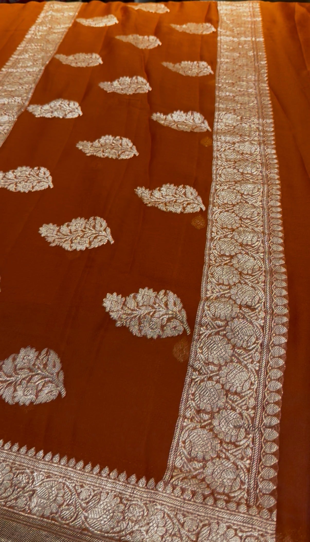 Rust Orange Pure chiffon Banarasi sarees