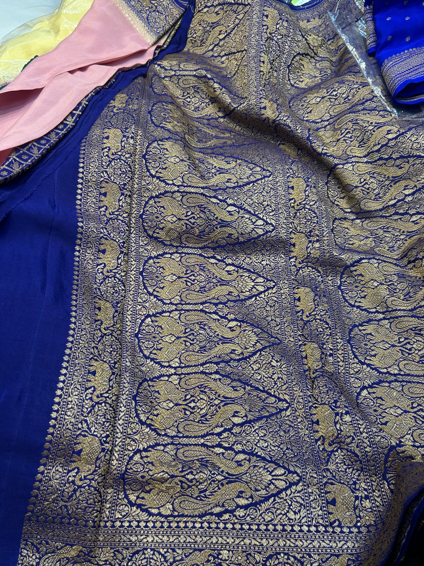 Baby pink with blue pure crepe Banarasi saree