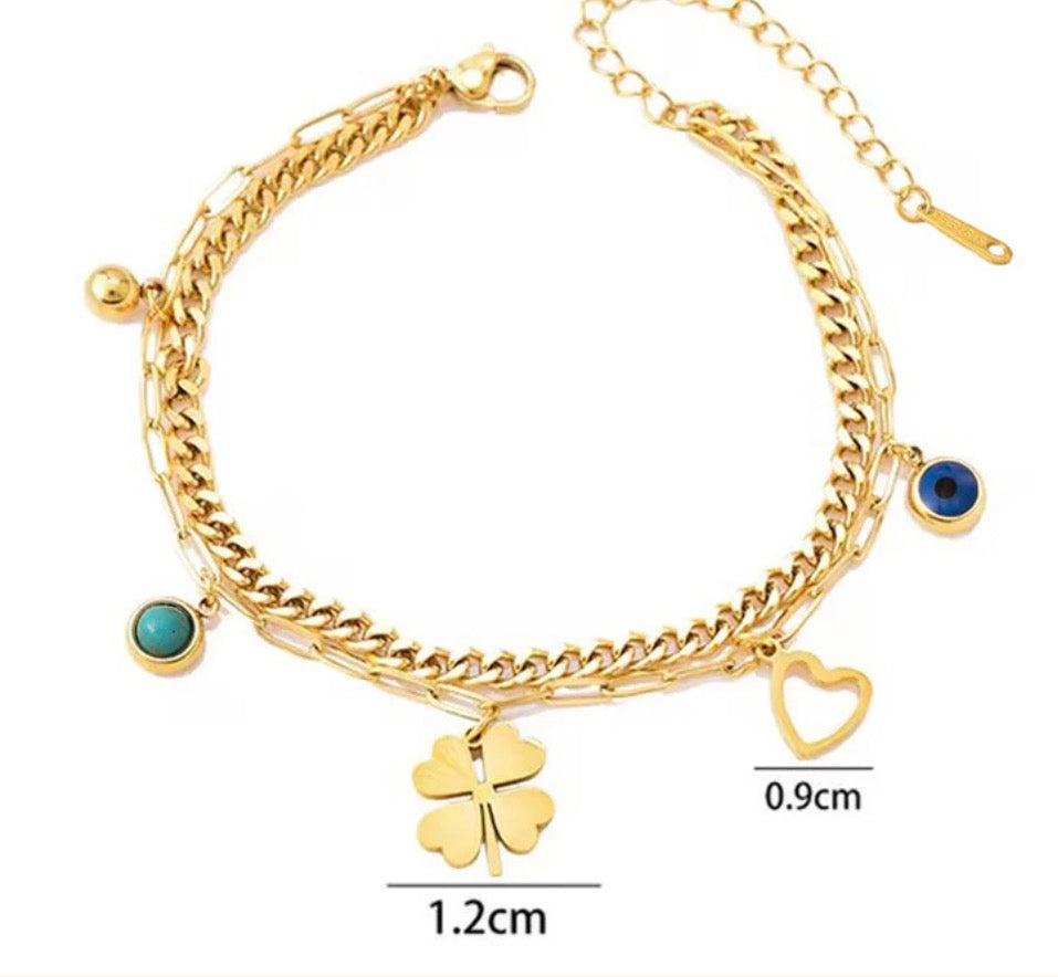 Anti Tarnish Clover Themed Evil Eye Wraparound Bracelet