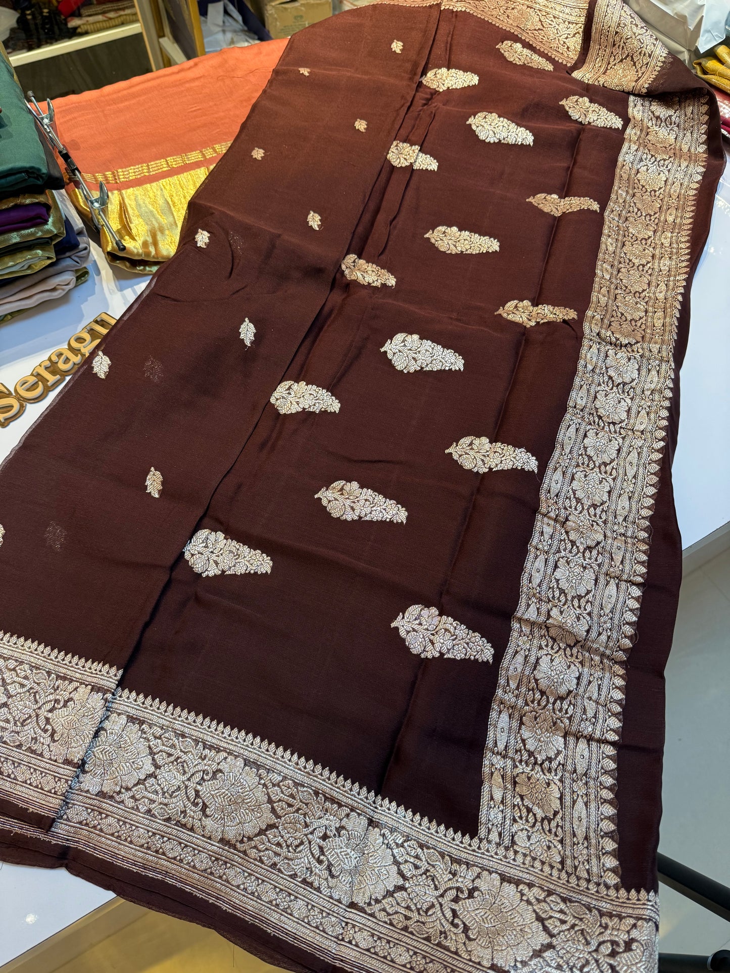 Chocolate brown pure chiffon Banarasi sarees