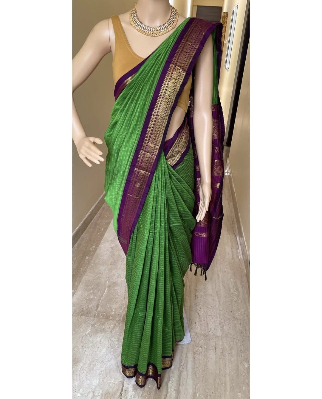 Parrot green with purple Cotton silk saree