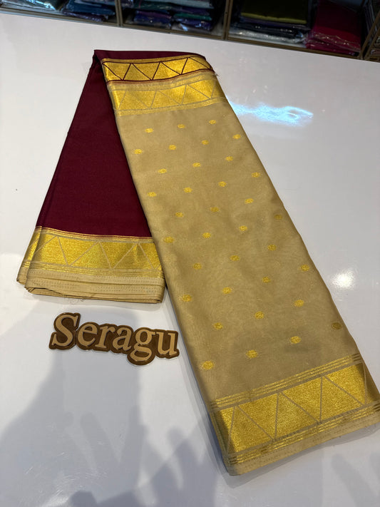 Cream with brown half and half semi Mysore crepe silk saree