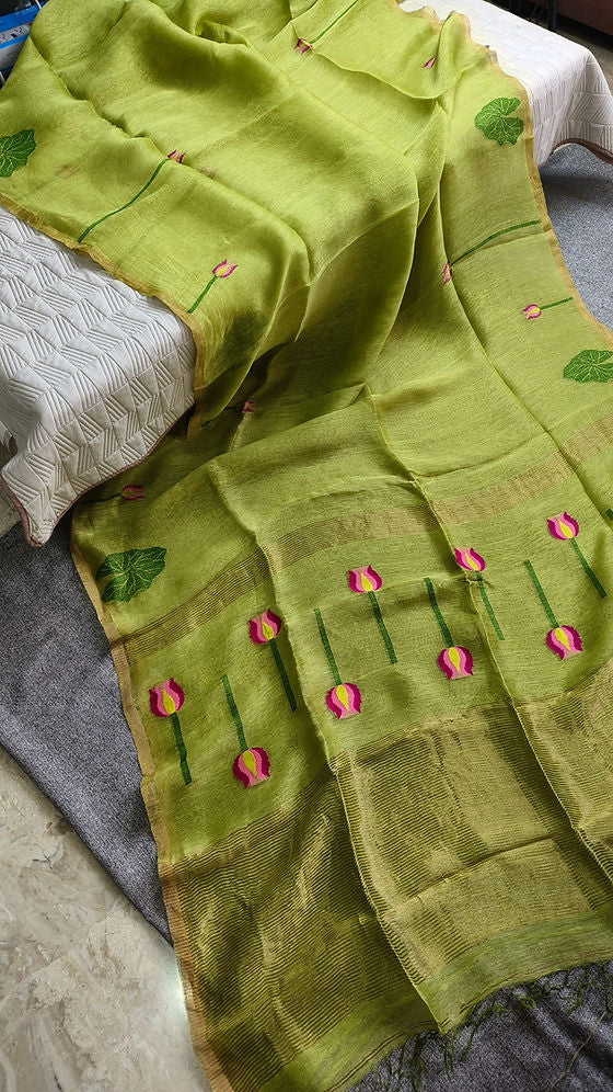 Pure linen by linen silk jamdani saree(SBSGLG05)