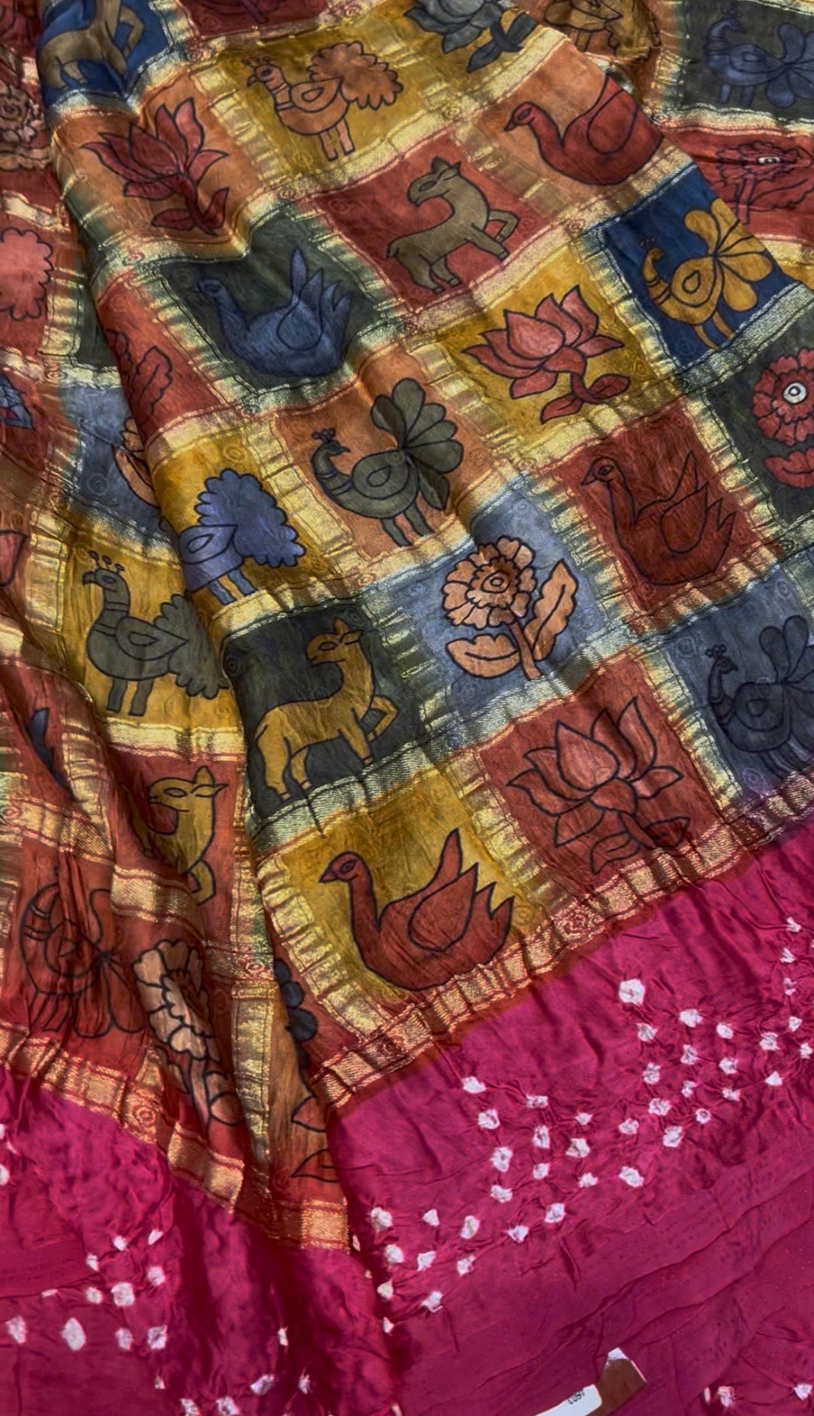 Pure gajji silk saree with pen kalamkari checks with bandhini saree