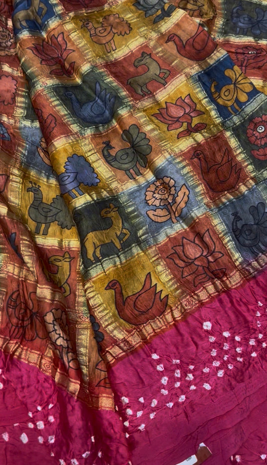Pure gajji silk saree with pen kalamkari checks with bandhini saree