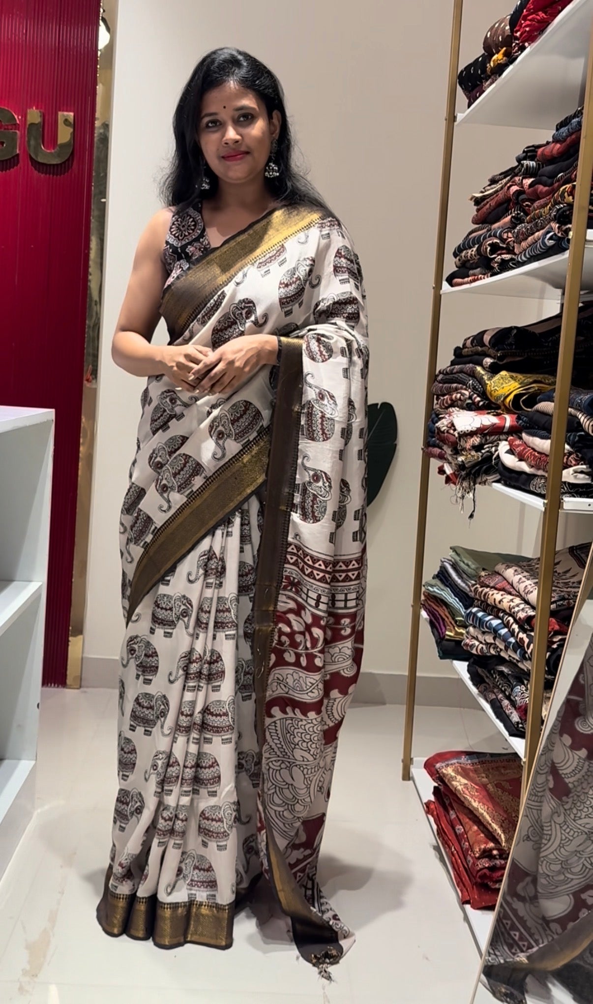 Elephant Motifs Kalamkari chennur silk saree with nizam border