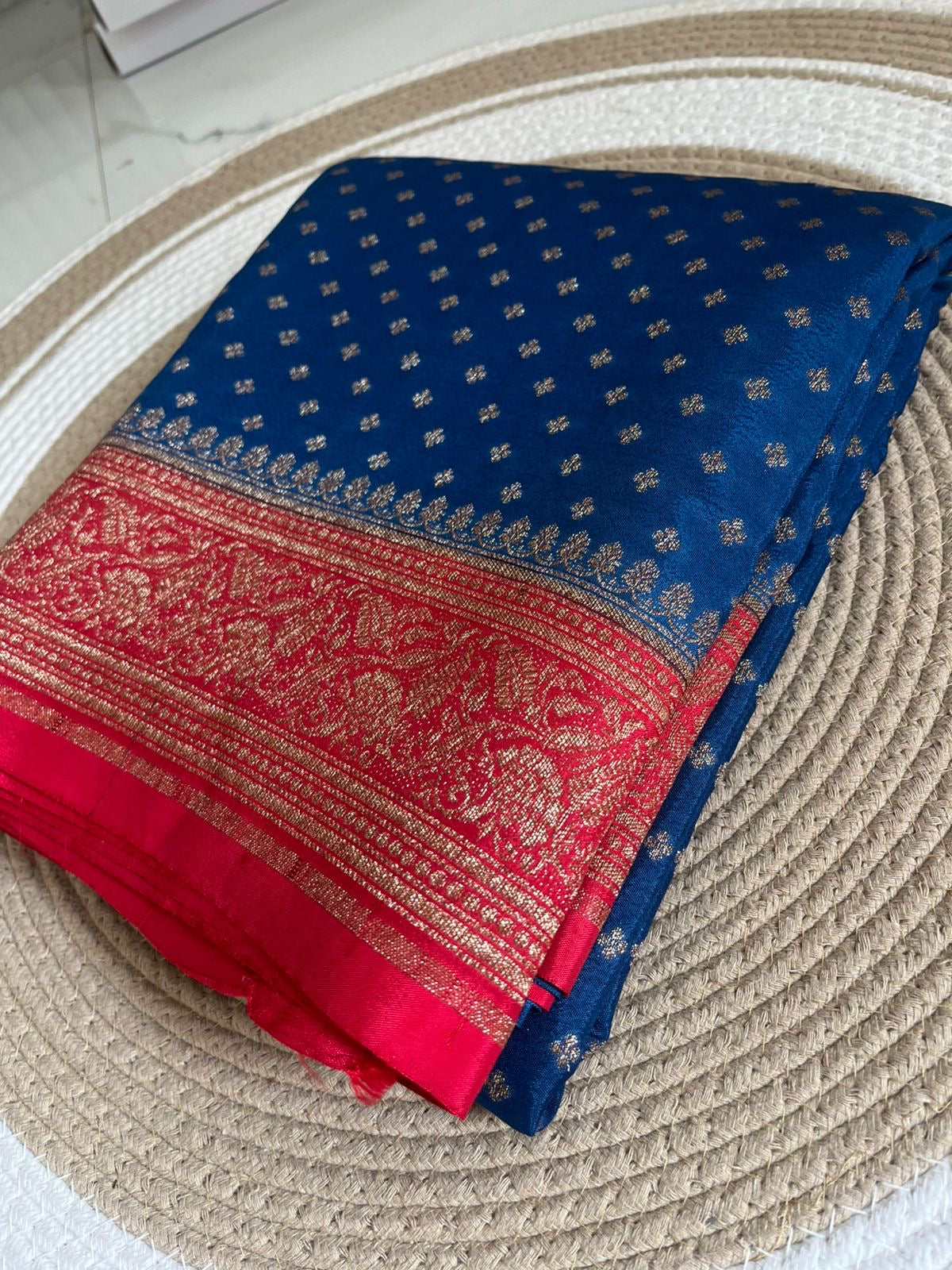 Blue With Red Pure Crepe chiffon banarasi saree