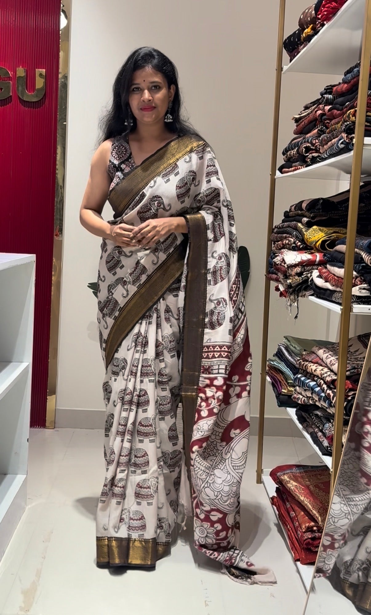 Elephant Motifs Kalamkari chennur silk saree with nizam border