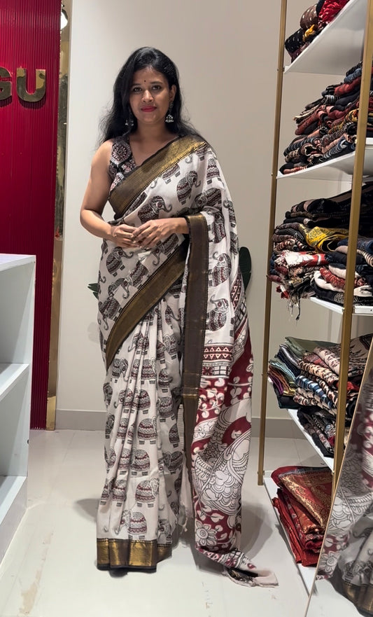 Elephant Motifs Kalamkari chennur silk saree with nizam border