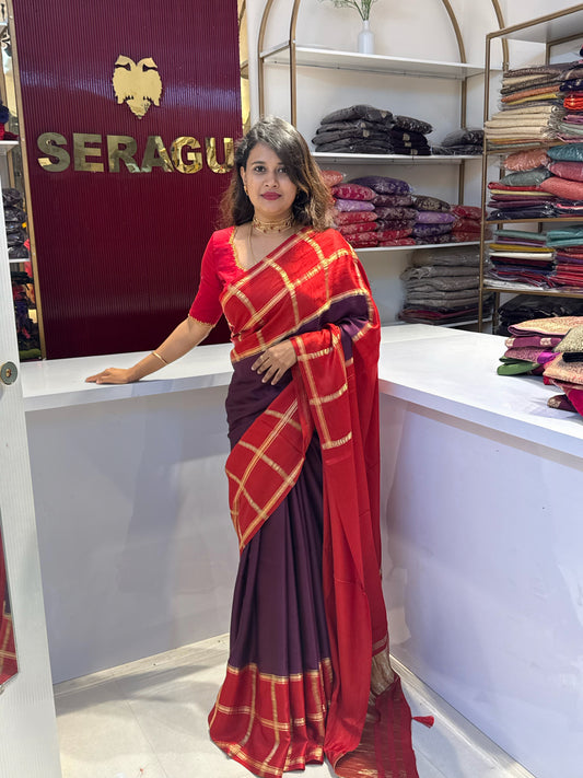 (Pre order) Red with purple checked modal silk saree with zari pallu running blouse (SBSGMC05)