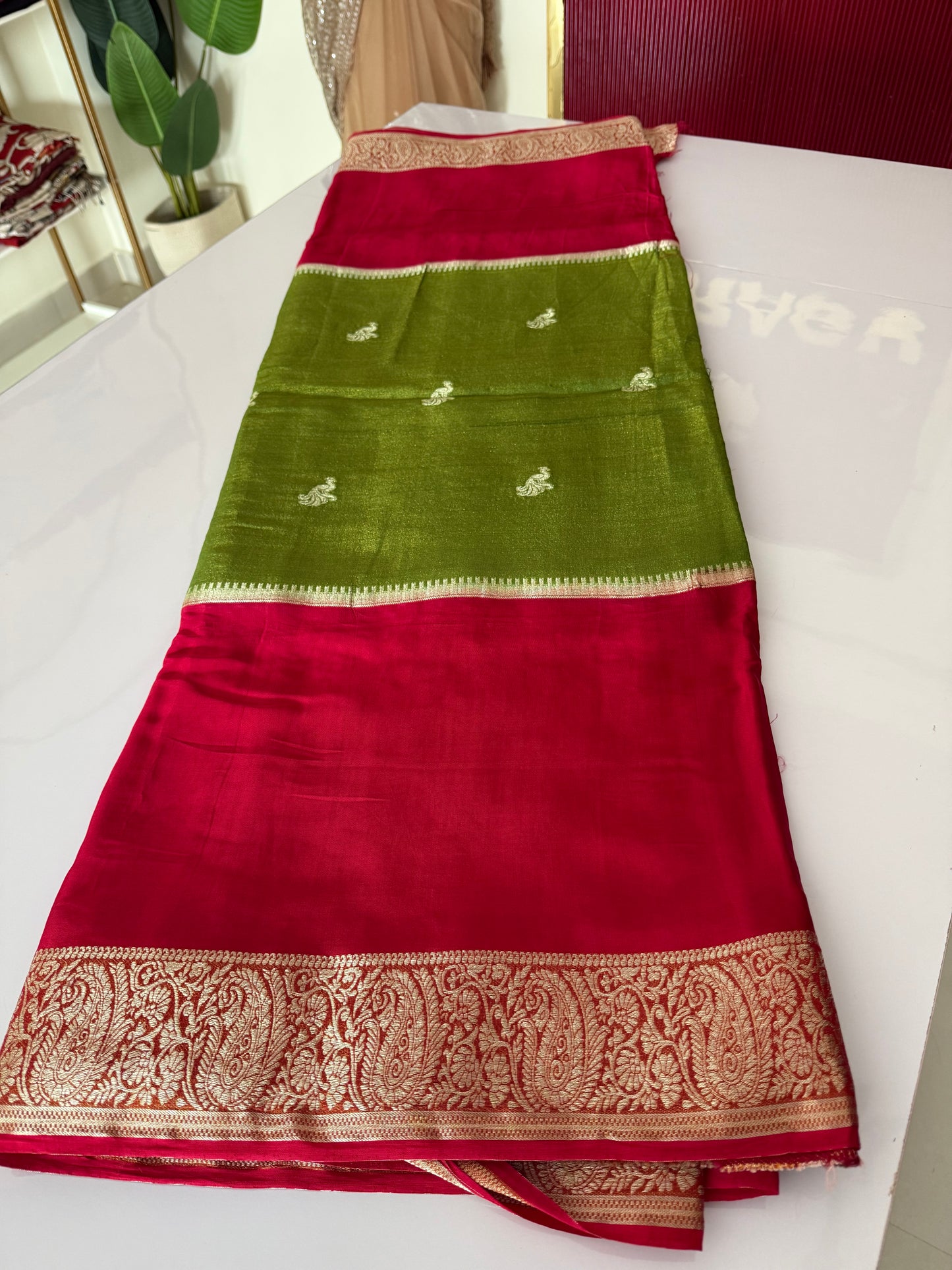 Pink red with parrot green Premium viscose Saree