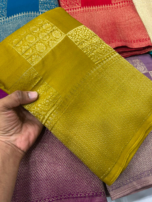 Yellow georgette crushed zari saree