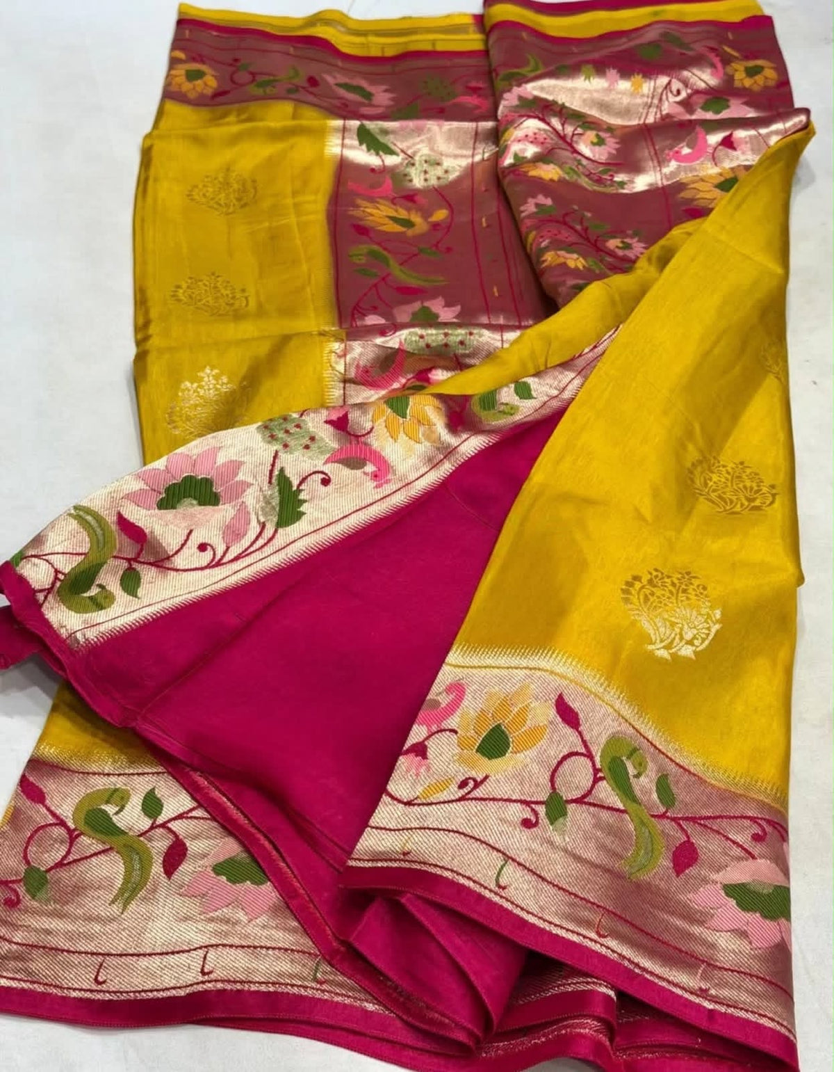 Yellow with pink Paithani contrast Viscose Crepe silk saree