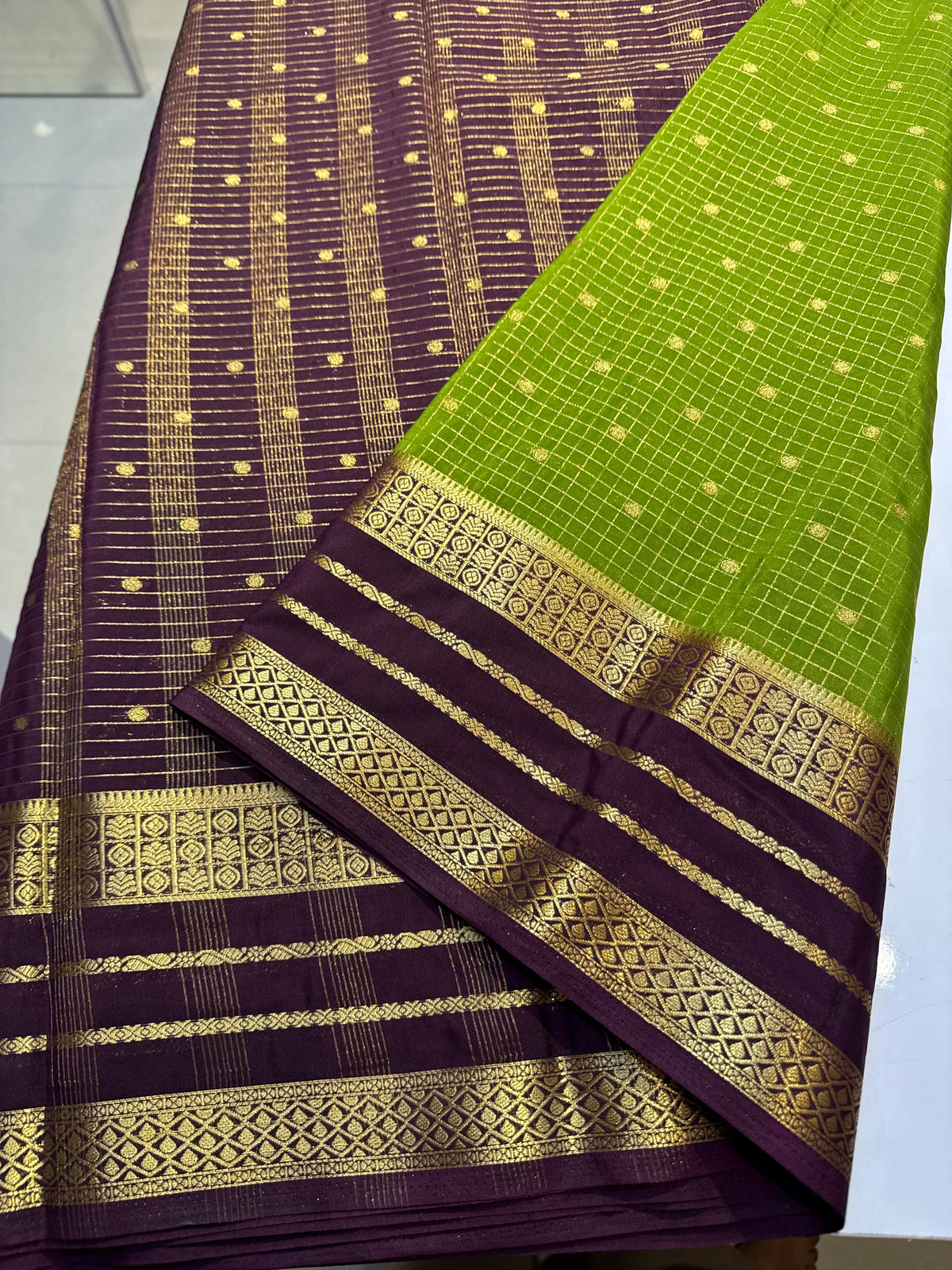Parrot green with deep purple premium semi crepe silk saree(SBSG90)