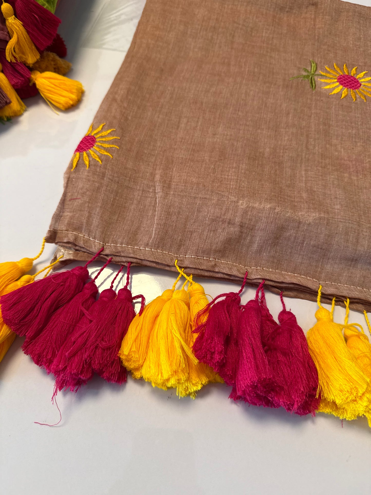 120 count pure mul Cotton With Long Tassels Saree(sunflower1)