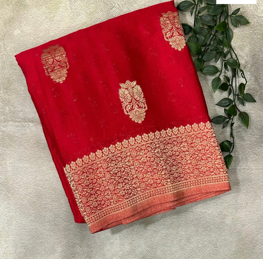 RED BIG BUTTA DESIGNER SOFT GEORGETTE CREPE SILK SAREE