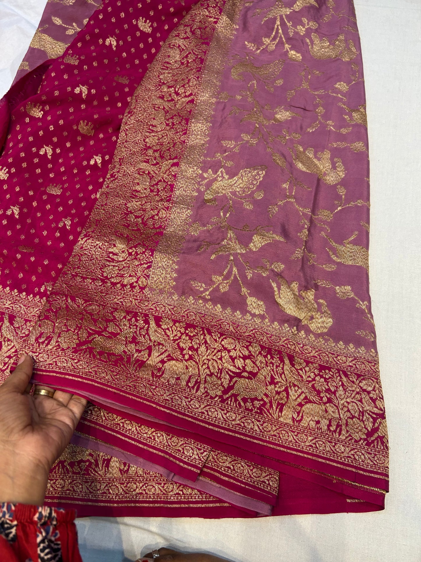 Mauve pink with hot pink pure crepe Banarasi saree