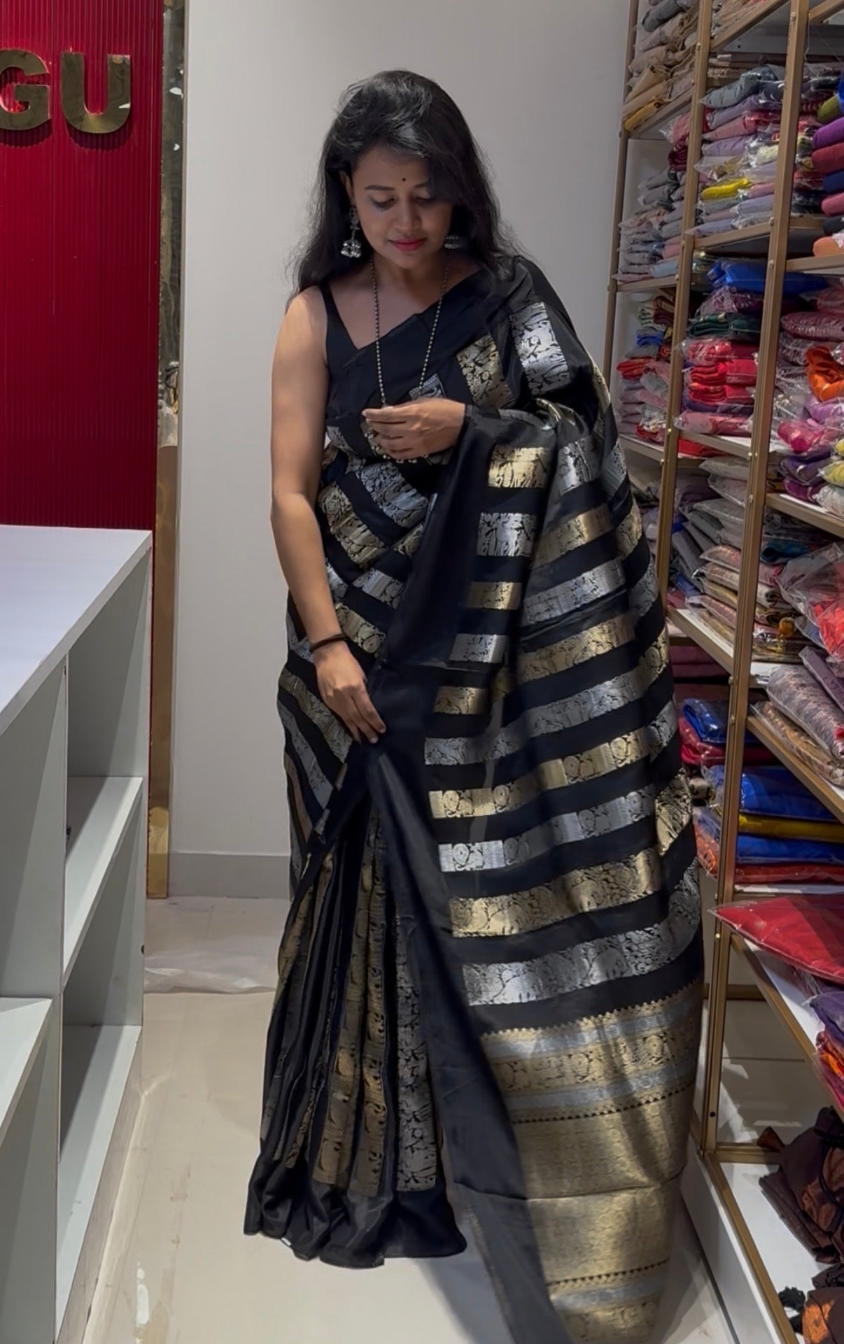 Banarasi Pattu with satin border Black gold and silver sari weaving Saree