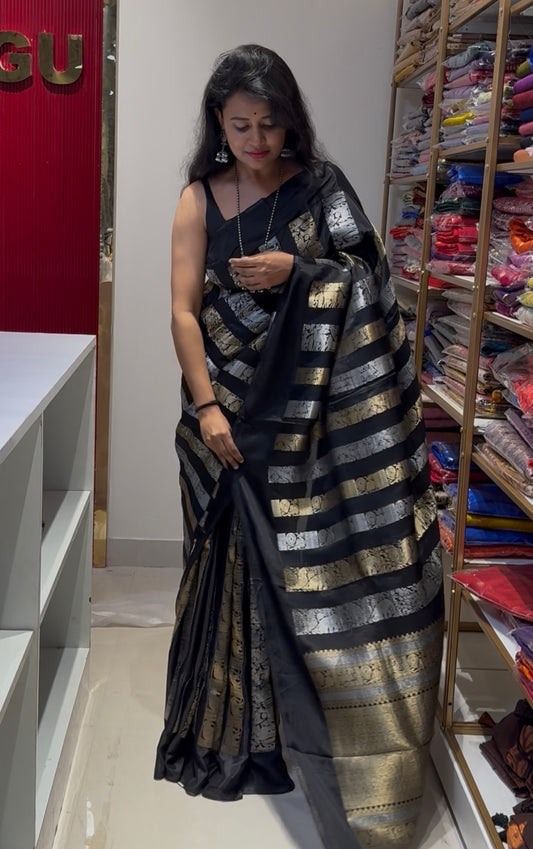 Soft Viscose Black gold and silver sari weaving Saree