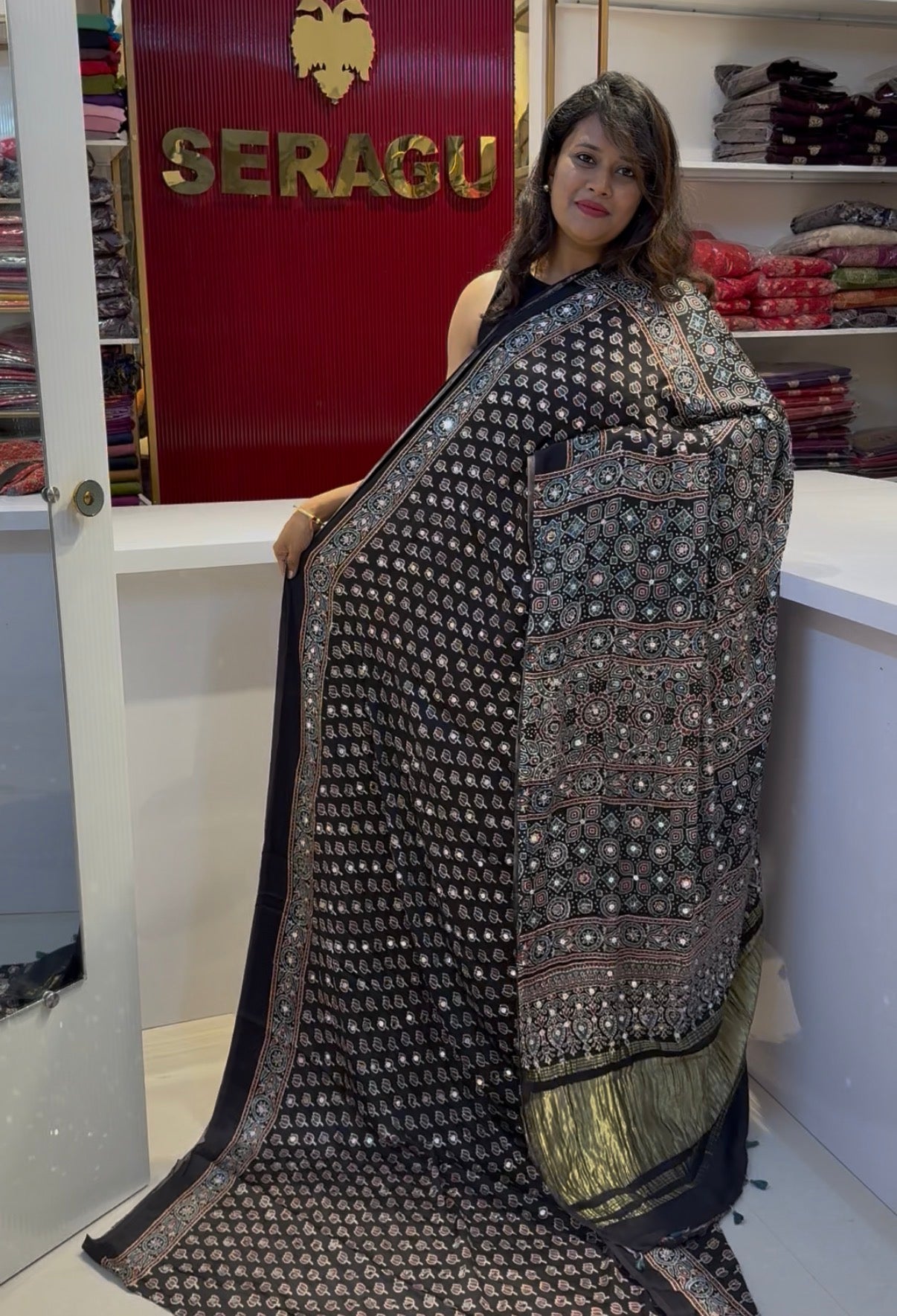 Real mirror glued black Ajrakh pure Modal Silk saree
