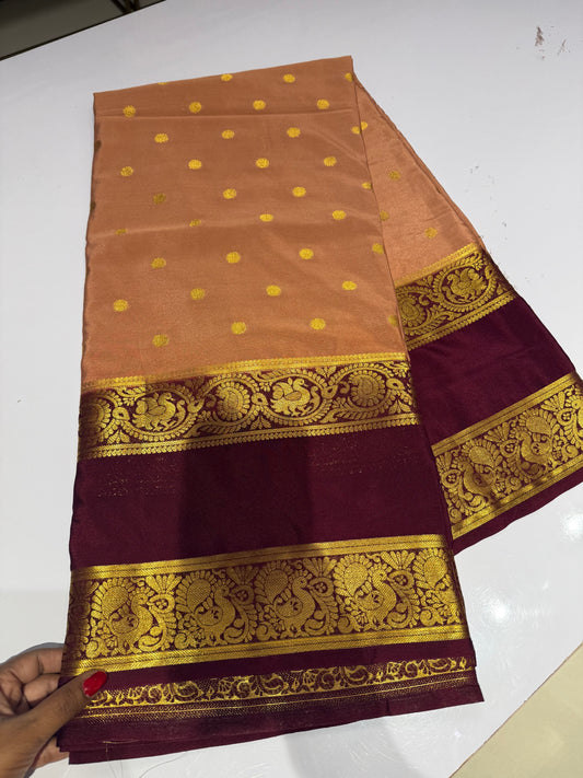 Peach with brown semi crepe silk saree