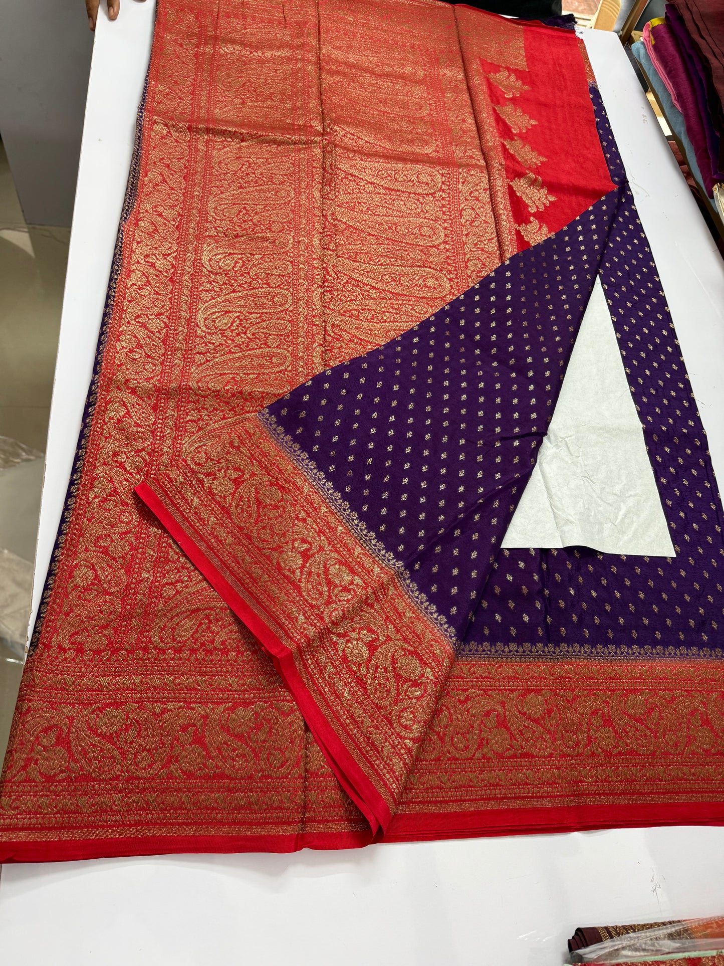 Purple with Red Pure Crepe chiffon banarasi saree
