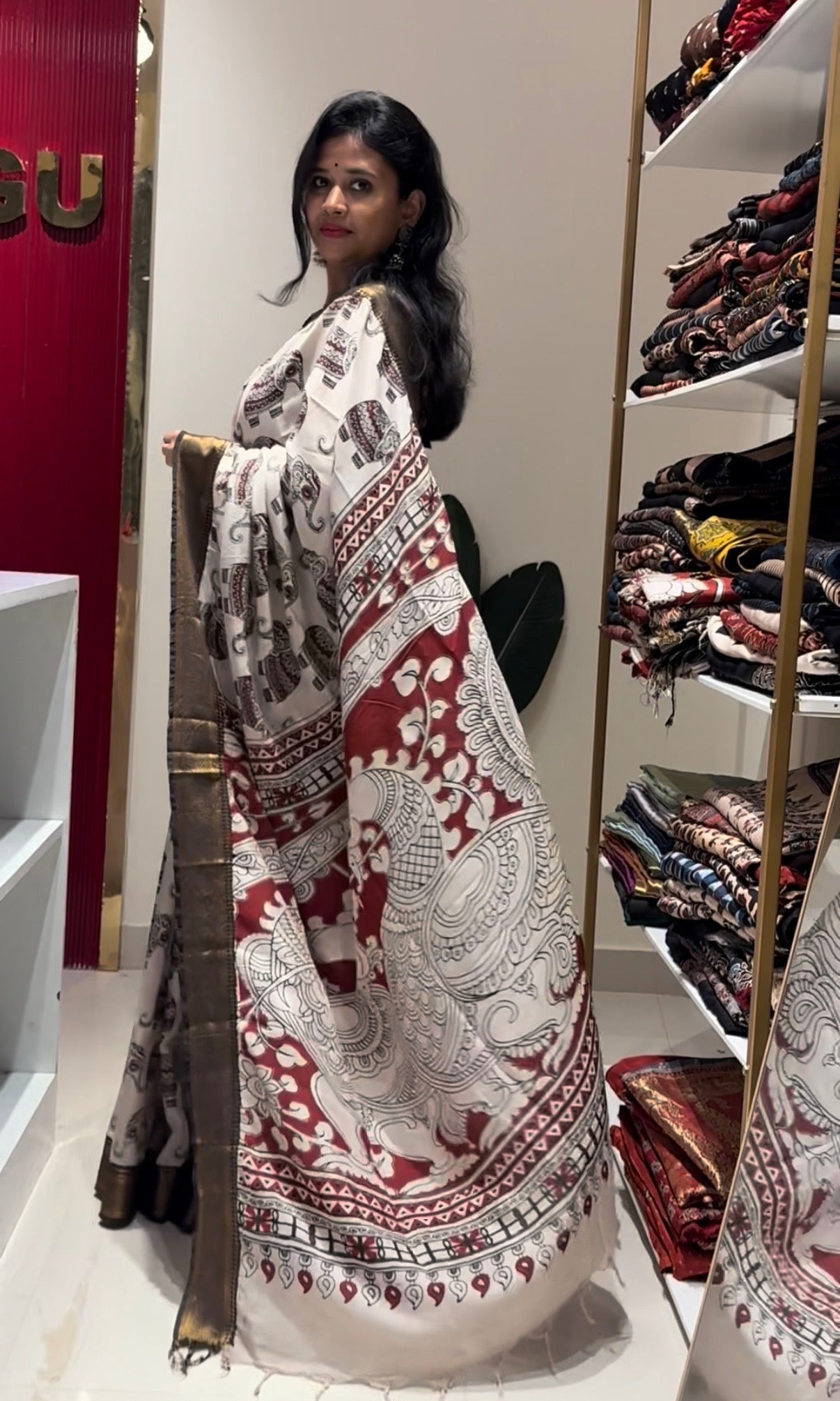 Elephant Motifs Kalamkari chennur silk saree with nizam border