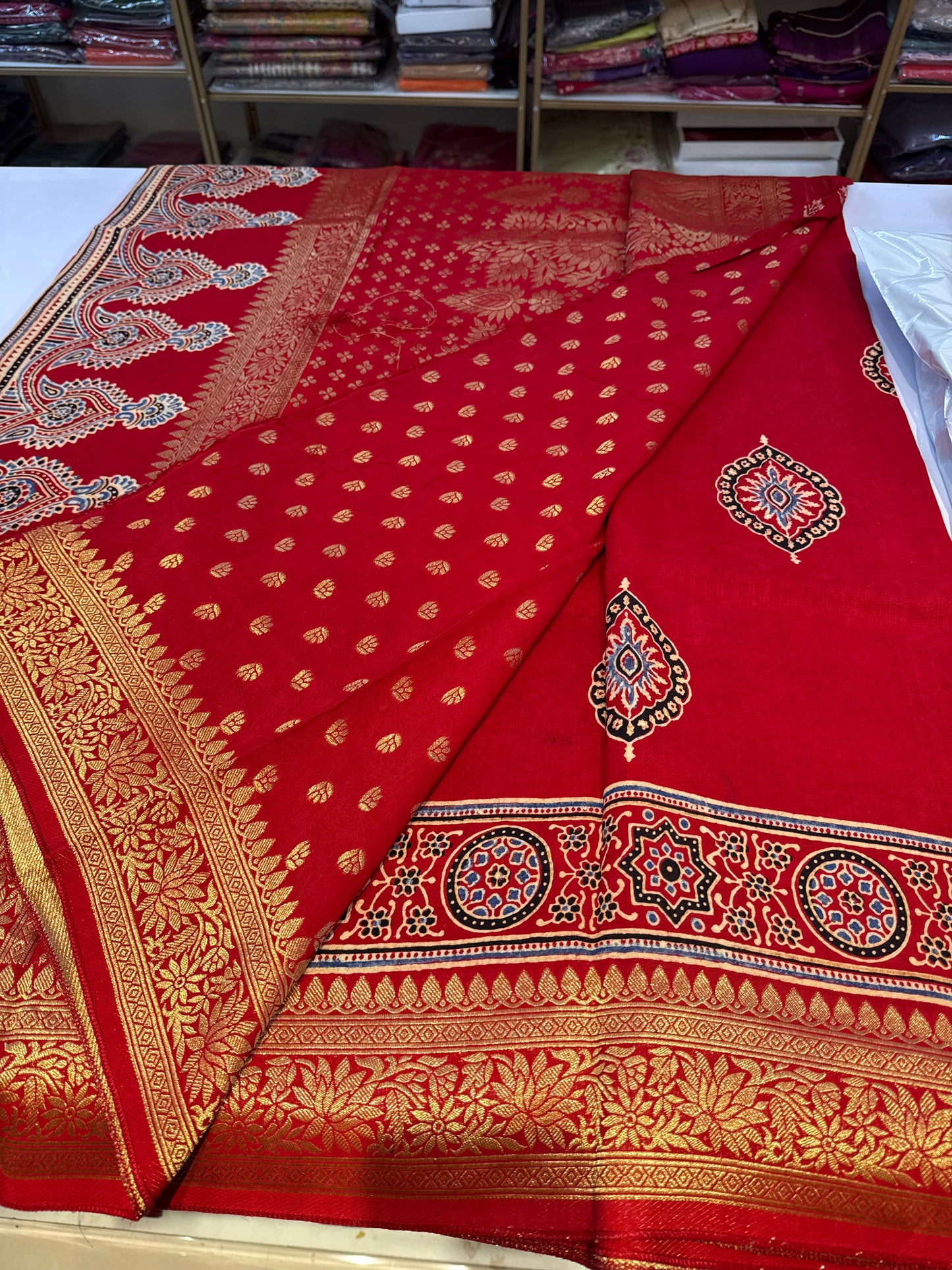 Dola Silk Saree with ajrakh hand block print
