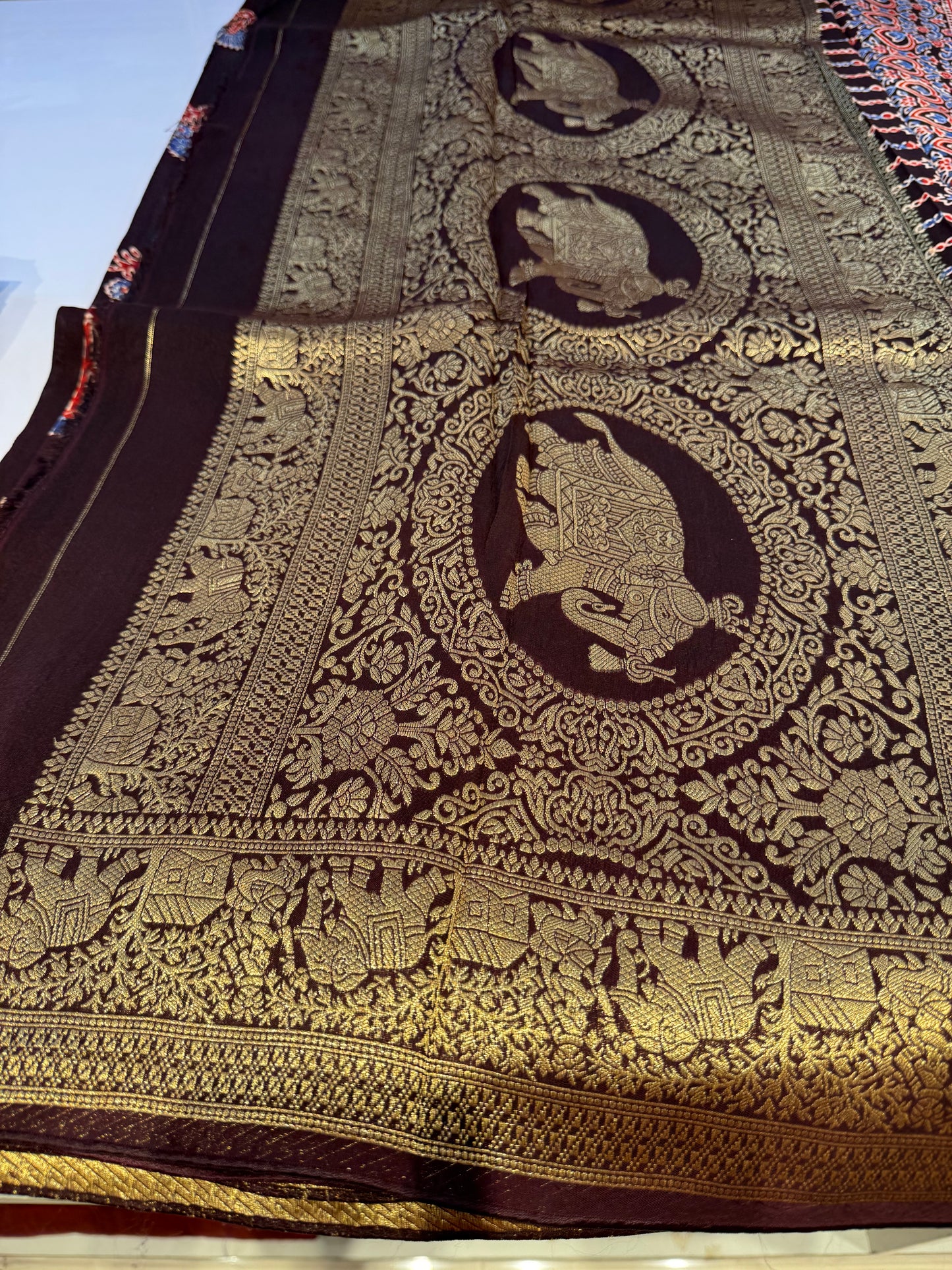 Dola Silk Saree with ajrakh hand block print