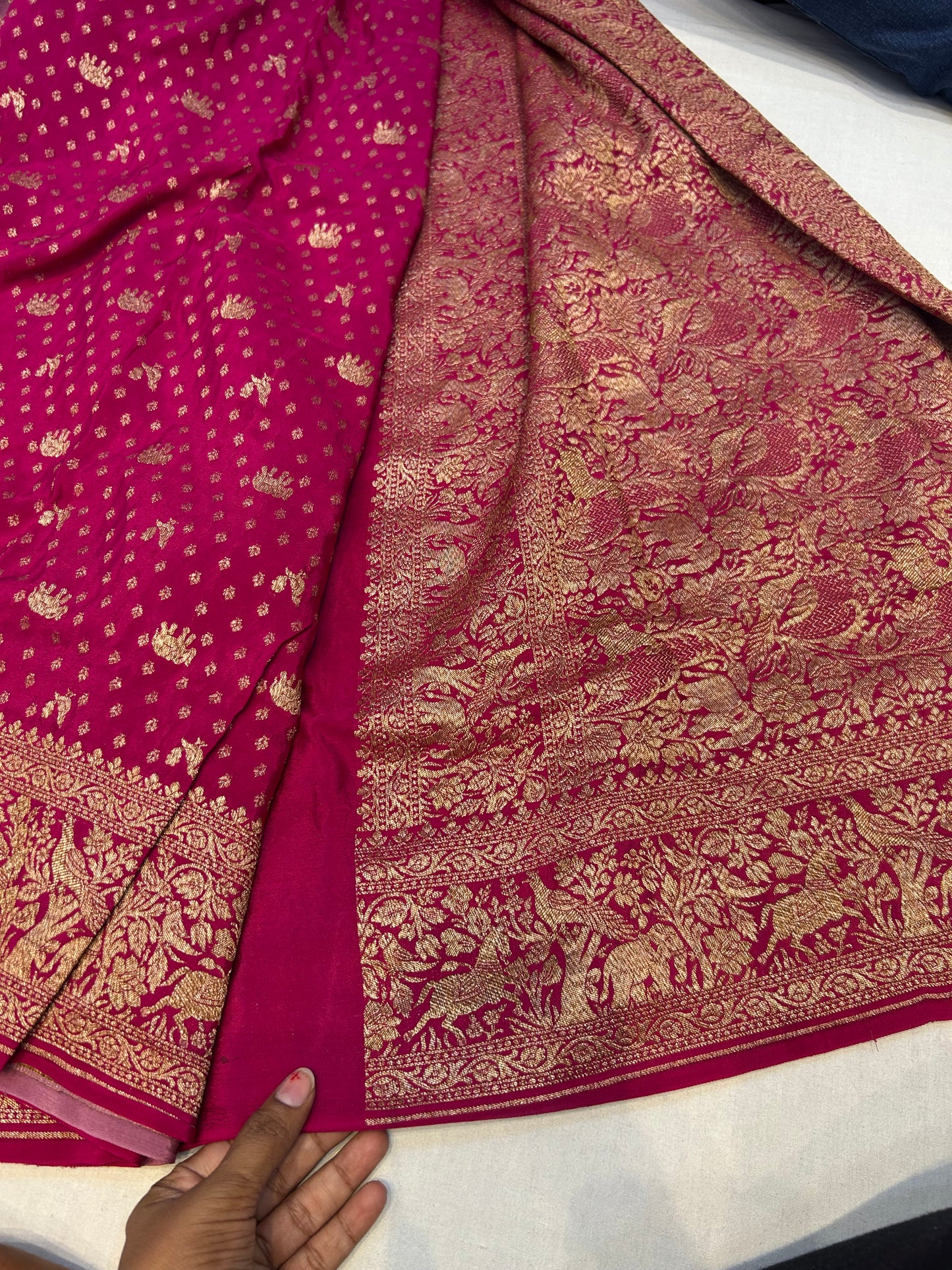 Mauve pink with hot pink pure crepe Banarasi saree