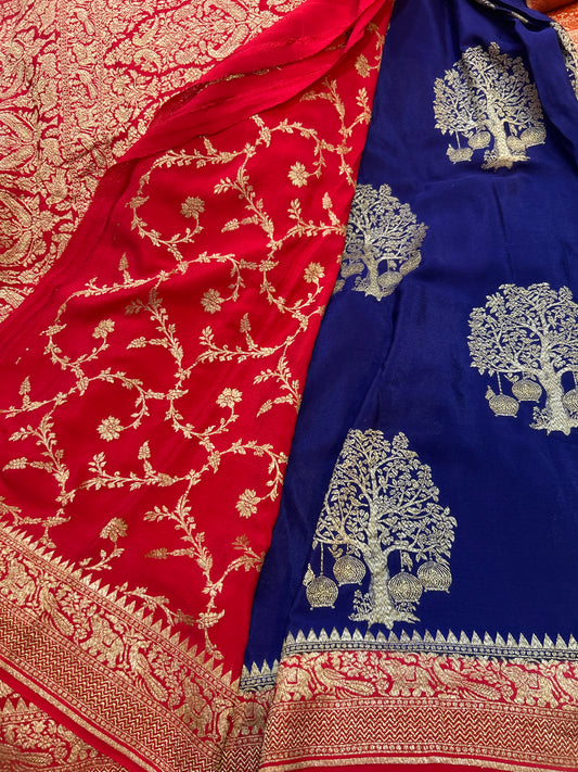 Royal Blue with Red pure crepe Banarasi saree(pure103)