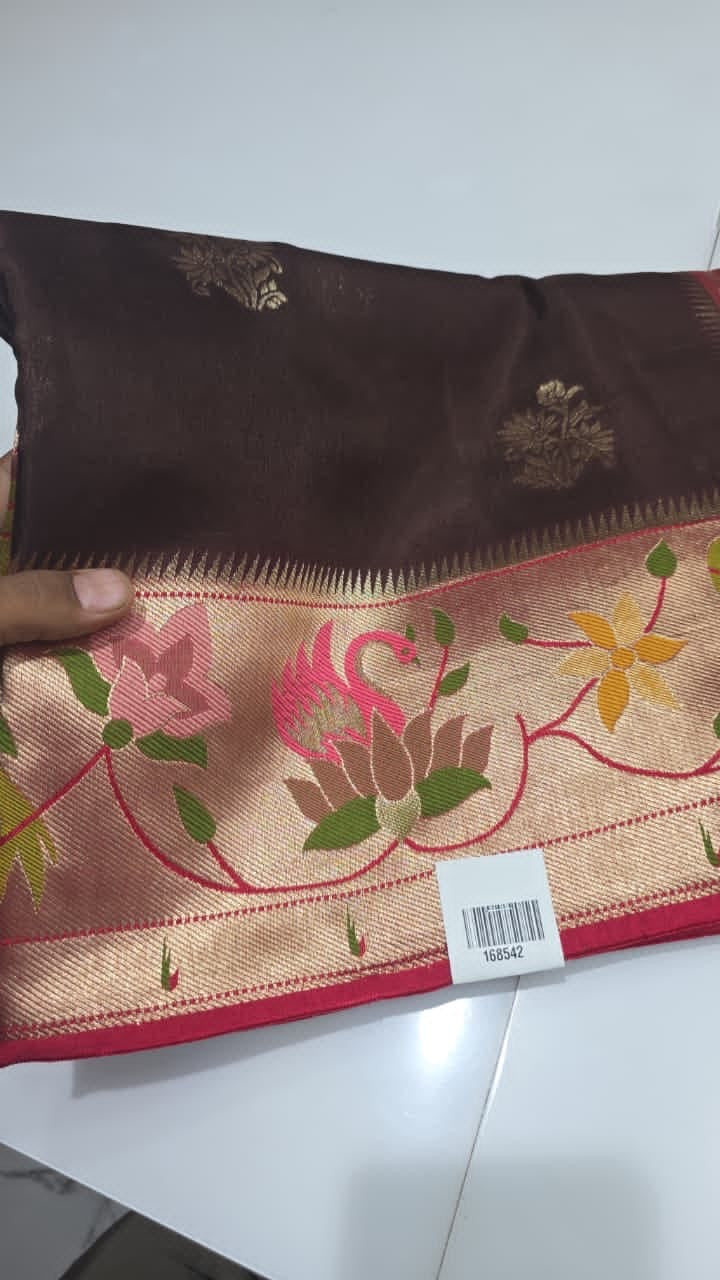 Brown with pink Paithani contrast Viscose Crepe silk saree