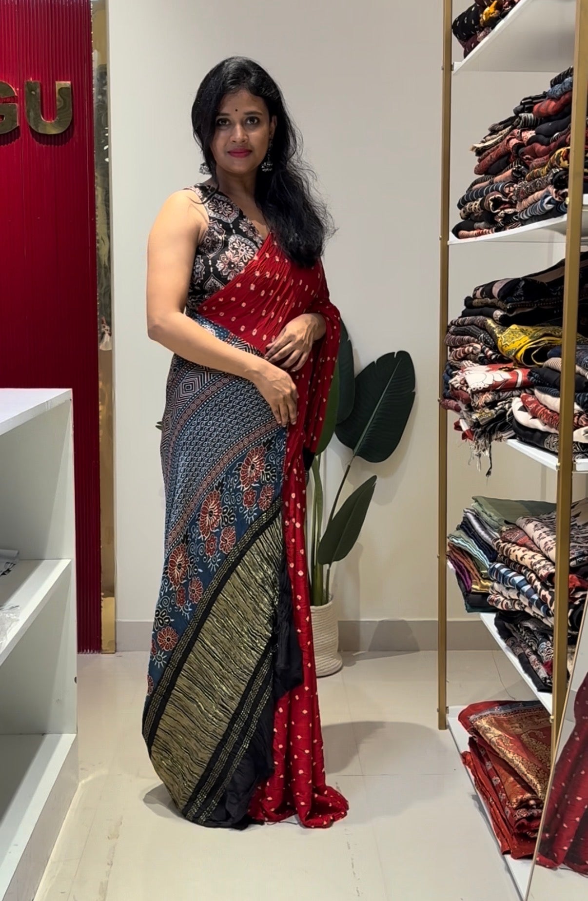 Red Bandhej Ajrakh Modal Silk With Zari Pallu