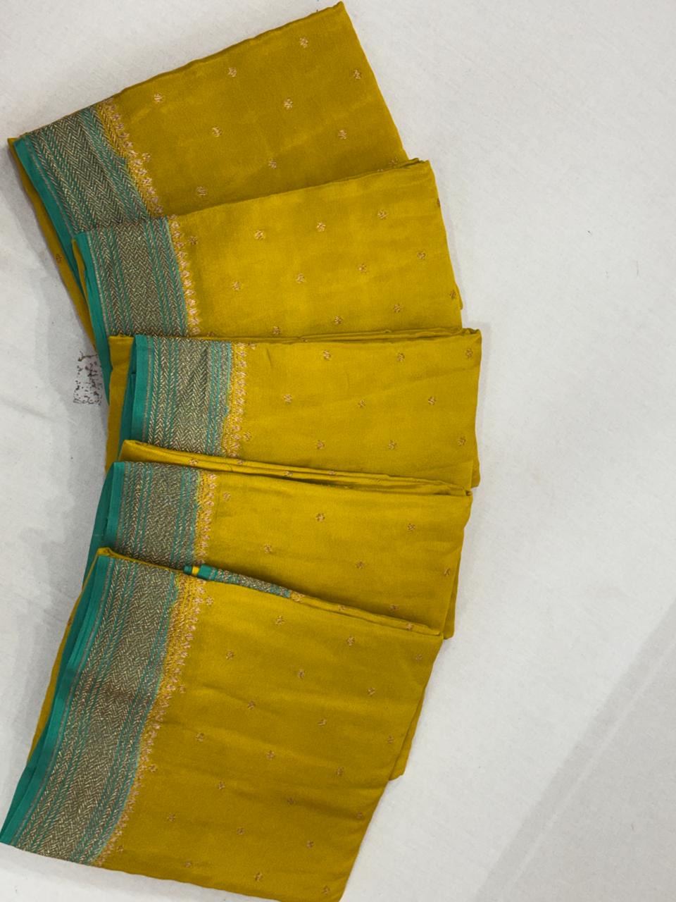 Yellow with sky blue pure crepe Banarasi saree