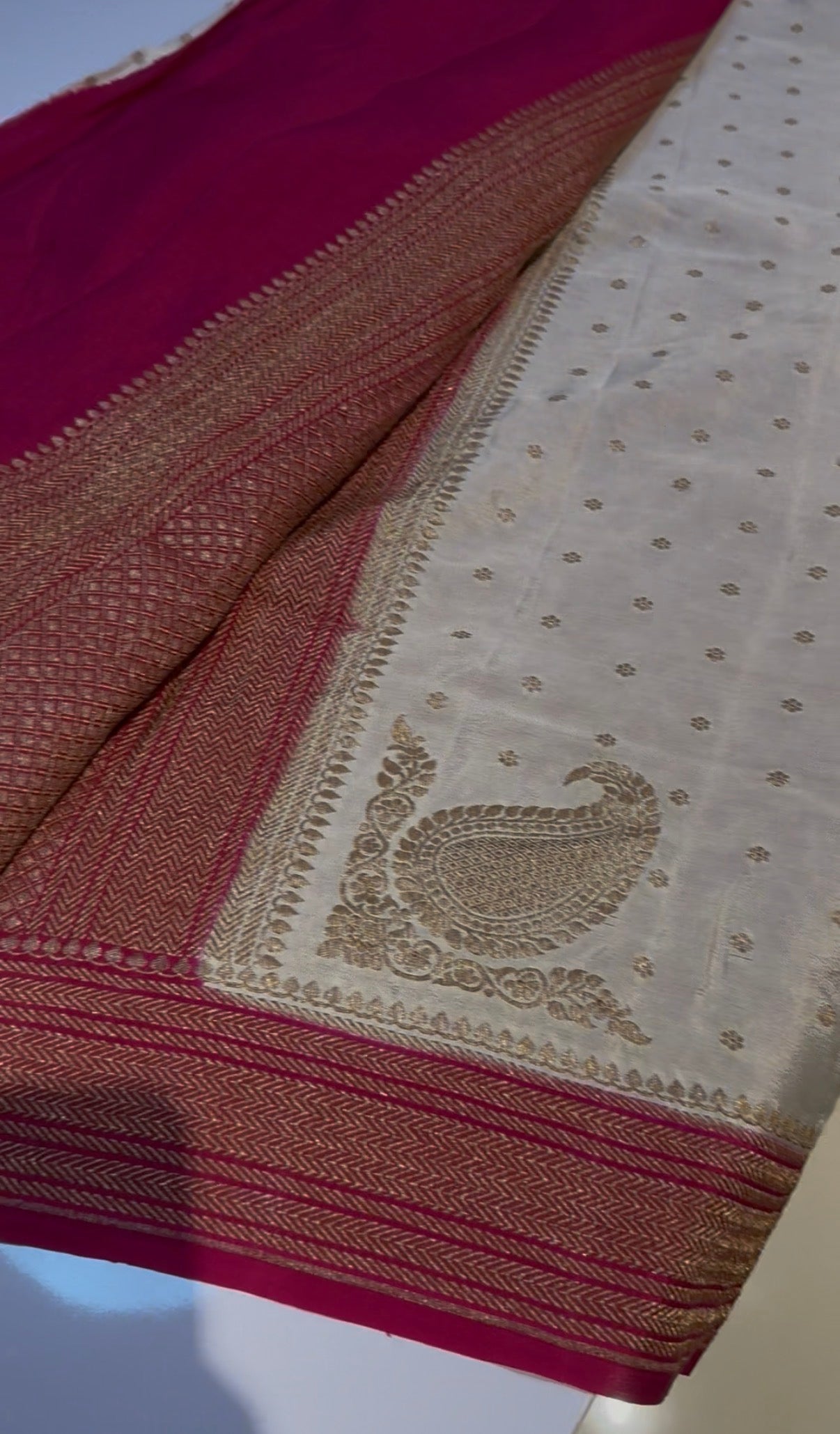 Off white with pink Pure crepe Banarasi Saree