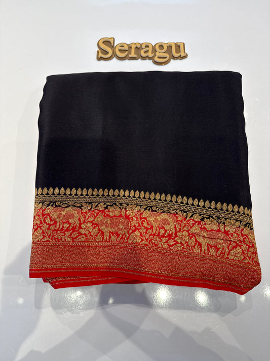 Black with red pure crepe Banarasi saree(CrepeBlack10)