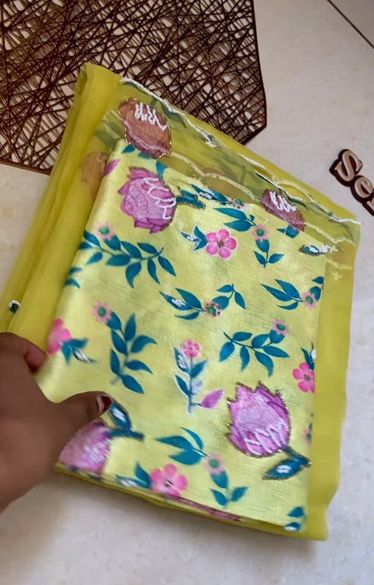 Designer yellow hand embroidery saree